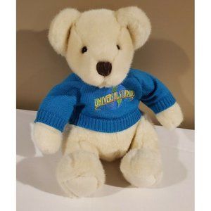 Universal Studios White Teddy Bear 9" Plush Vintage Blue Sweater Stuffed Animal